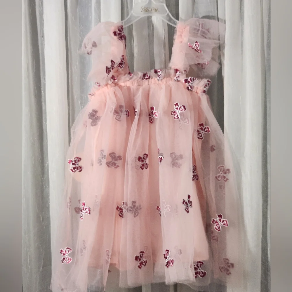 Le Chic Pink Tulle Dress w/ Red/Silver Bow Embroidery w/Hair Tie, S5Y, NWT - Picture 4 of 4